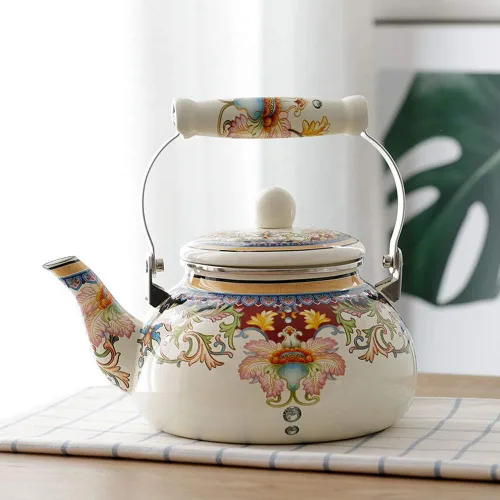 Miniatura 7 de Tetera de Esmalte Cerámico Floral Tetera para Estufa, Tetera Grande de Porcelana Esmaltada (blanco) (2.4L, blanco2)