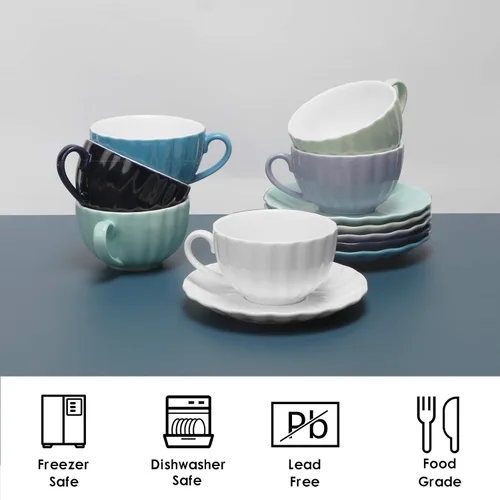 Miniatura 6 de amhomel Juego de 6 tazas de café y platillos de porcelana, tazas de capuchino de 4 onzas, colores fríos surtidos