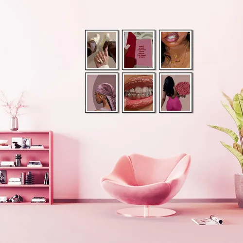 Miniatura 6 de Conjunto de pósteres de mujer negra de 6, arte de pared de mujeres afroamericanas de moda, pinturas decorativas abstractas para recámara y sala