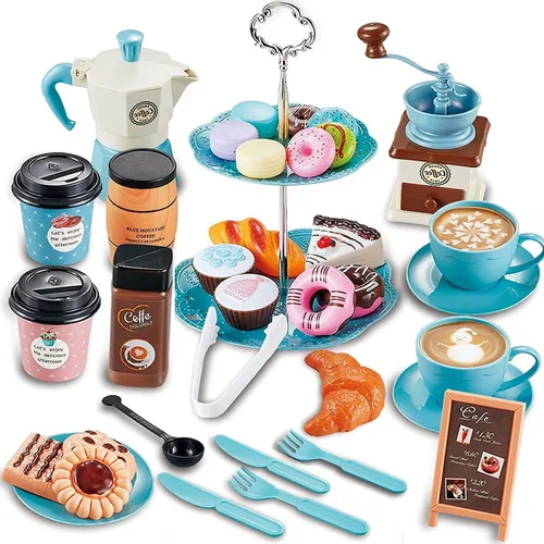 Miniatura 7 de Juego de simulación de fiesta de té para niñas pequeñas, juego de 48 piezas de cafetera y juego de comida de postres para niños de 3, 4, 5, 6, 7, 8