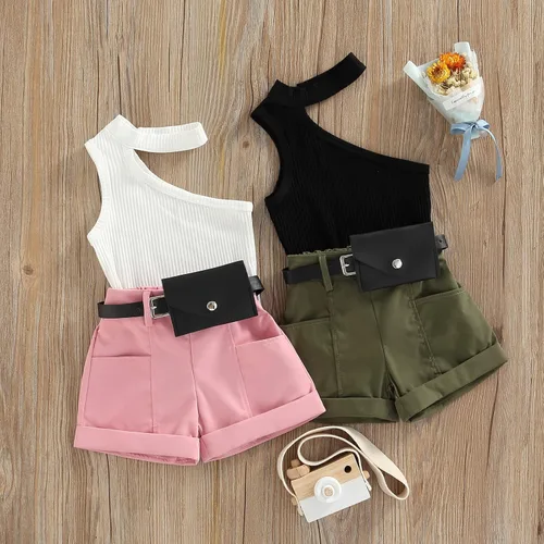 Miniatura 7 de Adobabirl Conjunto de ropa de verano para niña pequeña, sin mangas, acanalada, top halter y pantalones cortos, ropa de moda para niños con cinturón