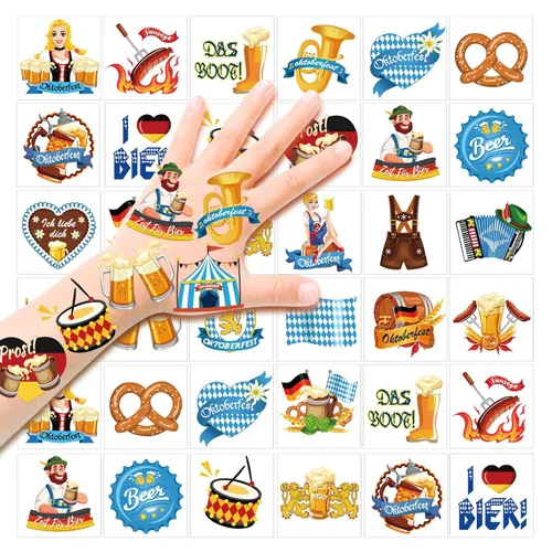 HOWAF Tatuajes temporales para el Oktoberfest, 72 tatuajes falsos para niños, calcomanías impermeables para suministros de festivales de cerveza,