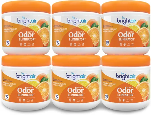 Bright Air 14 oz. Super eliminador de olores, para espacios medianos, aroma a mandarina y limón fresco, caja de 6, ambientador, aceites esenciales