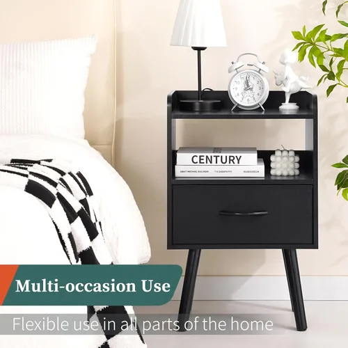 Miniatura 8 de Yoobure - Mesita de noche con cajón de tela, mesita de noche moderna, mesas de cabecera, mesitas de noche de mediados de siglo con estante de Negro