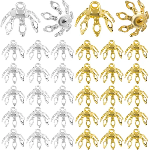 Miniatura 8 de ANCIRS Paquete de 100 tapas de cuentas de flores para hallazgos de joyas, 7 puntas de campana, extremo de fianza con bucles para manualidades, 100