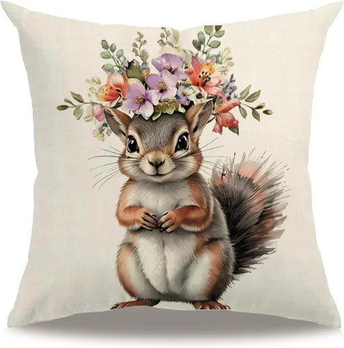 Fundas de almohada con diseño de animales, 18 x 18 pulgadas, diseño de ardillas florales, acuarela, vida silvestre, diseño de flores, temporada de