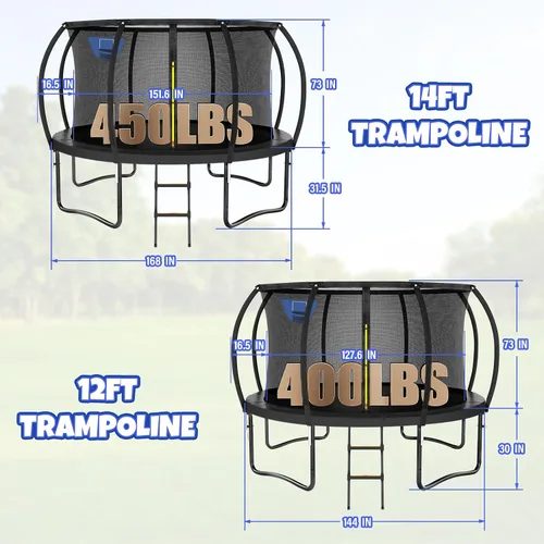 Miniatura 7 de Kiivakii Trampolín de 12, 14, 16 pies, trampolines grandes para exteriores para niños y adultos, trampolines recreativos con aro de baloncesto