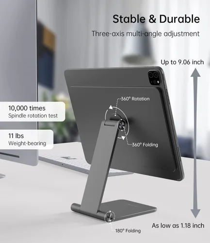 Miniatura 5 de KU XIU Soporte magnético plegable solo para iPad Pro 11 M4 (2024), soporte de tableta ajustable de aleación de aluminio de 360°, soporte