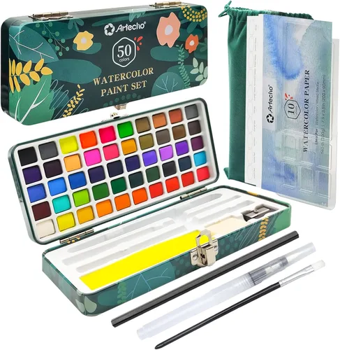 Artecho Juego de pintura de acuarela de 50 colores, juego de acuarela de viaje con papeles de acuarela y pinceles, ideal para aficionados
