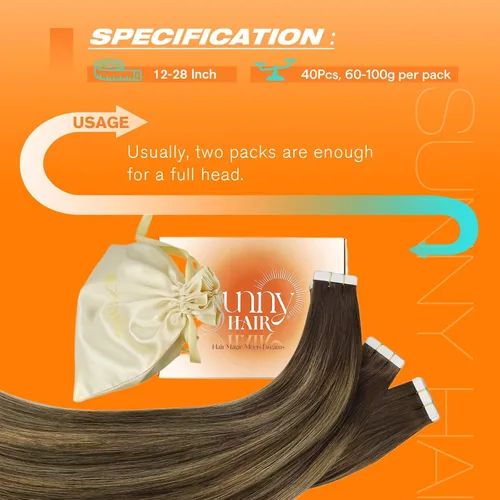 Miniatura 5 de Sunny Hair Extensiones de cabello humano real con cinta, 24 pulgadas, 20 unidades de 1.76 oz (50 g), color marrón oscuro degradado a rubio caramelo