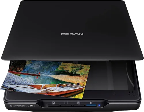 Epson - Perfection V39 II - Escáner plano de documentos y fotos a color - Resolución óptica de 4800 ppp - Tapa extraíble de gran altura - Escaneo a