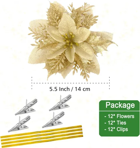 Miniatura 3 de Gardeningwill Paquete de 12 adornos colgantes dorados de 5 pulgadas con forma de flor con purpurina para fiestas