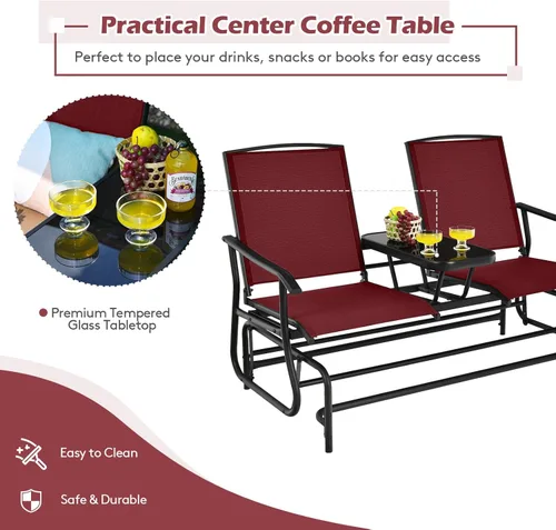 Miniatura 7 de Tangkula Silla mecedora para 2 personas, sofá biplaza mecedora para patio con mesa central de vidrio templado, banco de columpio para exteriores