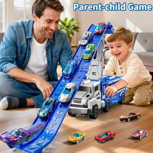 Miniatura 7 de Juego de camiones de transporte para niños de 3 en 1 con pistas de juguetes para niños de 2 a 4 años con 12 juguetes de autos de carreras, pista