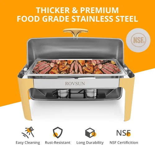 Miniatura 3 de ROVSUN Juego de platos de bufé con tapa enrollable, con detalles dorados, NSF de 9 cuartos de galón de acero inoxidable rectangular, juego