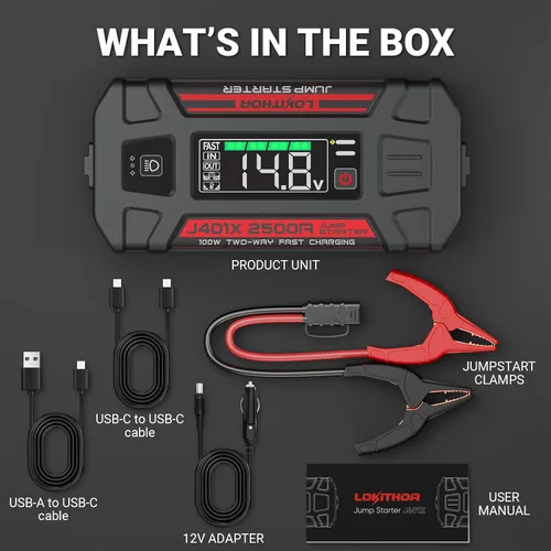 Miniatura 9 de LOKITHOR J401X Arrancador de Batería, tecnología de calentamiento automático de -40 °F, arrancador portátil de batería de 2500 A 12 V, paquete