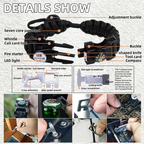 Miniatura 3 de Pulsera de cuerda de paracaídas de supervivencia ajustable, paquete de 2 kits de inicio de fuego de emergencia con silbato fuerte, brújula, luz