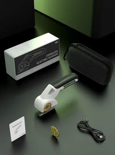 Miniatura 6 de Tijeras eléctricas inalámbricas de 4 V, cortador de cartón con 2 accesorios de hoja de titanio, bloqueo de seguridad, cortador giratorio