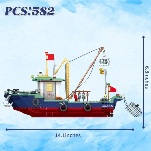 Miniatura 5 de Juego de bloques de construcción de barcos de pesca, juego de bloques de construcción de pesca en el mar, juego de juguetes de colección