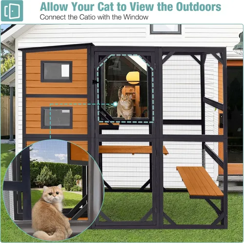 Miniatura 4 de Big Catio - Casa para gatos al aire libre, refugio de madera para gatos de 4 niveles con gran espacio interior (marrón, extragrande)