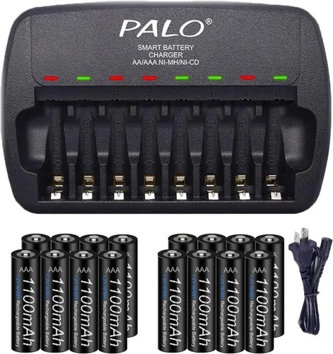 Paquete de 16 baterías AAA recargables con kit de cargador, baterías de autodescarga baja Ni-MH de 1.2 V Ni-MH Triple A con ranura independiente de