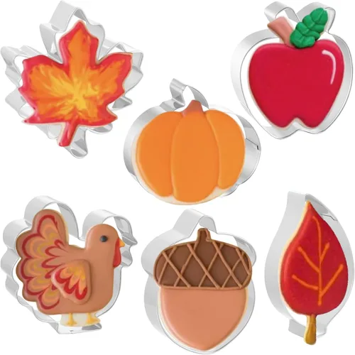 JOB JOL Cortadores de galletas de Acción de Gracias, 6 unidades, 3 a 3.6 pulgadas, calabaza, hoja, manzana, pavo, bellota