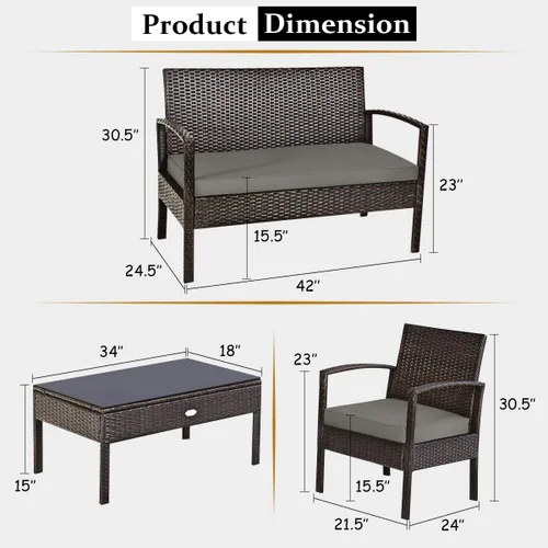 Miniatura 6 de HAPPYGRILL Juego de muebles de patio de 4 piezas, juego de conversación de mimbre de ratán para jardín, piscina, césped, sofá biplaza, asiento Marrón
