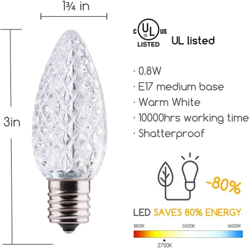 Miniatura 2 de Brightown Paquete de 50 bombillas LED C9 de repuesto para Navidad, bombillas LED C9 inastillables para cadena de luces de Navidad, base intermedia