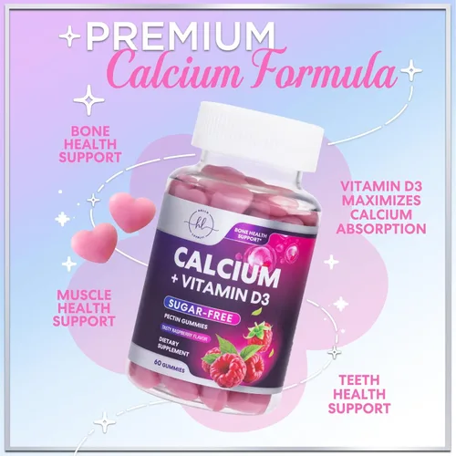 Miniatura 5 de Gomitas de calcio con vitamina D3 10 mcg por porción, suplementos de calcio sin azúcar para fortaleza ósea, dientes y apoyo a la salud inmunológica