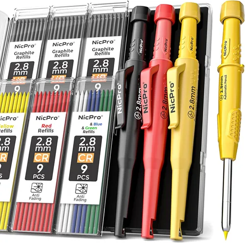 Miniatura 10 de Nicpro Paquete de 2 lápices de carpintero con sacapuntas, lápices de carpintero mecánicos CP3000 con 38 repuestos, lápiz de construcción resistente