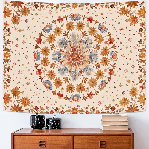Miniatura 28 de Fowocu Tapiz bohemio con mandala floral para colgar en la pared, medallón de flores bohemias, tapiz estético, beige, naranja, hippie, indio, pequeño
