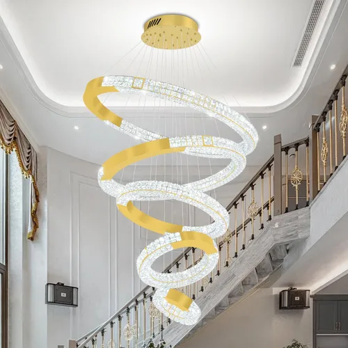 Miniatura 9 de Candelabro LED de anillo dorado para sala de estar, comedor y dormitorio, lámparas de cristal modernas, iluminación colgante, lámparas ajustables