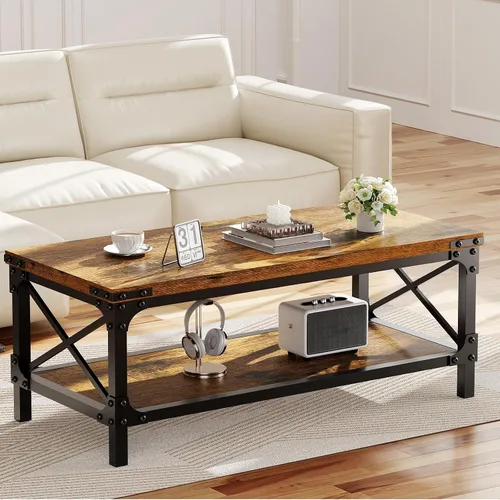 Miniatura 11 de Mesa de café rectangular para sala de estar, mesa de café rectangular de madera, mesa central moderna de 2 niveles de color marrón oscuro con Nogal