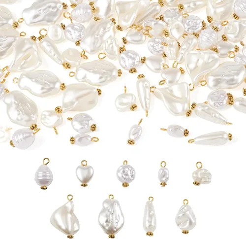 Miniatura 10 de Pandahall - 50 dijes de perlas de agua dulce plateadas, conectores colgantes de perlas naturales y eslabones en forma de arroz con lazo para mujer