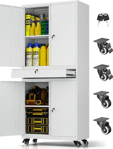 Miniatura 28 de Armario de almacenamiento de metal, archivador alto con 2 estantes ajustables y cajón, gabinete de herramientas de acero con cerradura para oficina