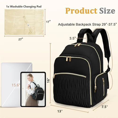 Miniatura 5 de miss fong Mochila para pañales – Bolsa de pañales para bebé con cambiador de pañales, mochila acolchada para pañales de viaje con 16 bolsillos Negro