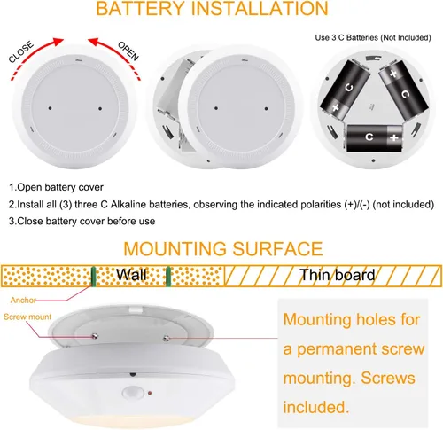 Miniatura 5 de HONWELL Lámpara de techo LED a pilas, luz de techo con sensor de movimiento, luz de ducha inalámbrica con control remoto RF de 80 pies a través