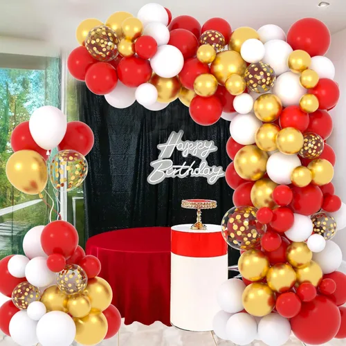 Miniatura 4 de Kit de arco de guirnalda de globos rojos y dorados, 122 globos blancos y rojos, globos de confeti de oro metálico para cumpleaños, boda, Oro blanco