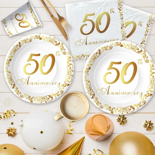 Miniatura 4 de APOWBLS Decoraciones y suministros para el 50 aniversario – Decoración dorada del 50 aniversario de boda, suministros para fiesta, plato de papel