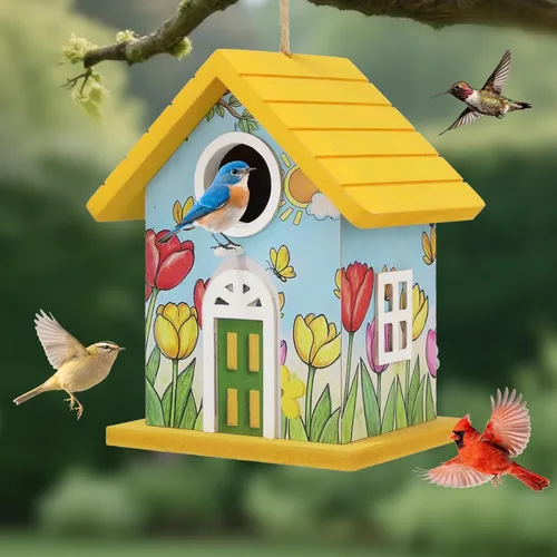 Casas de madera para pájaros para exteriores, casa de pájaros de madera amarilla para exteriores, tulipanes pintados a mano, casas de pájaros para