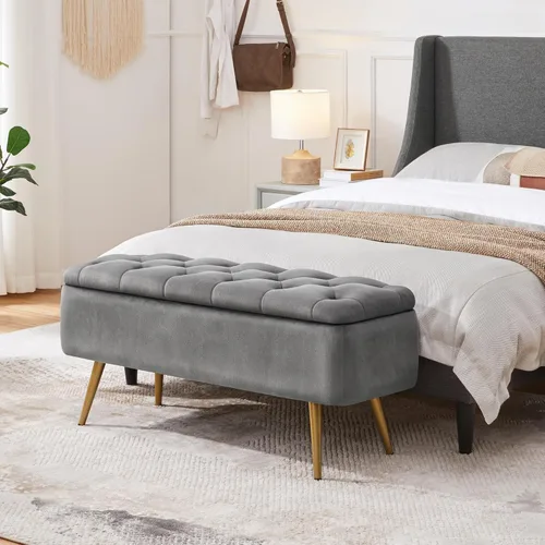Miniatura 2 de Yaheetech Otomana con almacenamiento, banco de entrada de terciopelo con bisagra de seguridad, banco tapizado con asiento para dormitorio, sala
