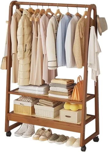 Miniatura 8 de Bamboo Clothing Rack with Hanging Rails,Sturdy Garment Rack with 2-Tier Shoe Rack,Portable Clothes Rack with Hook and Storage Shelf,for