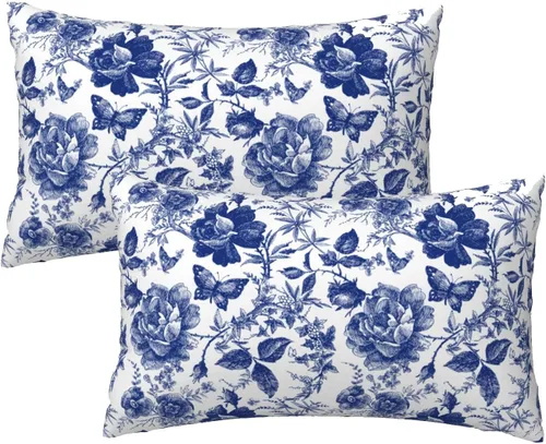 Fundas de almohada decorativas de porcelana floral de mariposa azul y blanco 12x20 Juego de 2, fundas vintage de estilo chinoiserie para almohadón