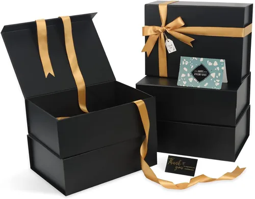 Cajas de regalo negras con tapas, paquete de 3, caja de regalo mediana de 11 x 8 x 4 pulgadas con cinta, cajas de regalo plegables con cierre