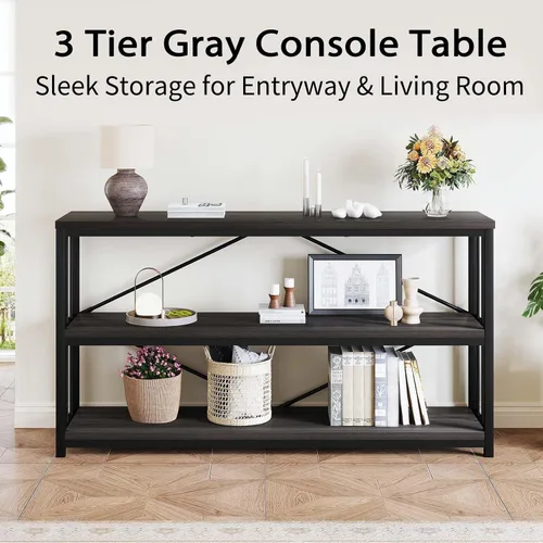 Miniatura 7 de LVB Mesa consola industrial, mesa de sofá de metal y madera, mesa de entrada rústica con almacenamiento, moderno estante de 3 niveles mesa larga