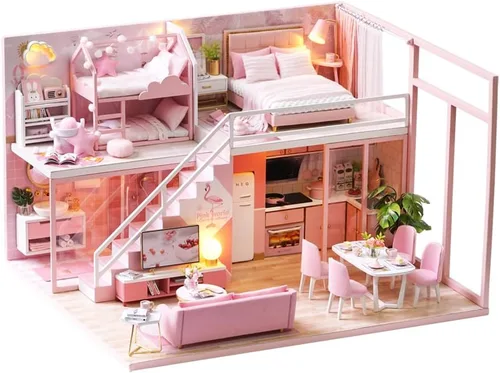 Miniatura 13 de TuKIIE Kit de casa de muñecas en miniatura con muebles, a escala 1:24, casa de muñecas de madera con accesorios, a prueba de polvo, con música