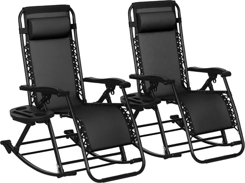 Miniatura 16 de Outsunny Mecedoras para exteriores, plegables, reclinables, de gravedad cero, mecedora de descanso con almohada, portavasos y soporte para teléfono
