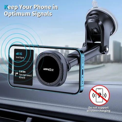 Miniatura 4 de APPS2Car Soporte magnético para teléfono MagSafe para iPhone, soporte magnético para salpicadero de parabrisas con brazo telescópico y ventosa