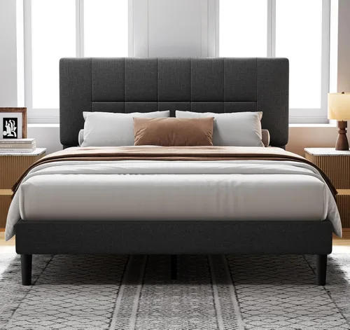 Pipishell - Base de cama Queen con 12 patas engrosadas y cabecero tapizado en tela, capacidad de peso de 1300 lbs, cabecero ajustable, no necesita