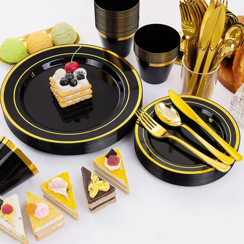 Miniatura 3 de WELLIFE Juego de vajilla desechable de 150 piezas, color negro y dorado, platos de plástico para fiestas, incluye 25 platos de ensalada, vasos